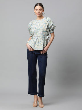 Women Sea Green & Blue Floral Peplum Top