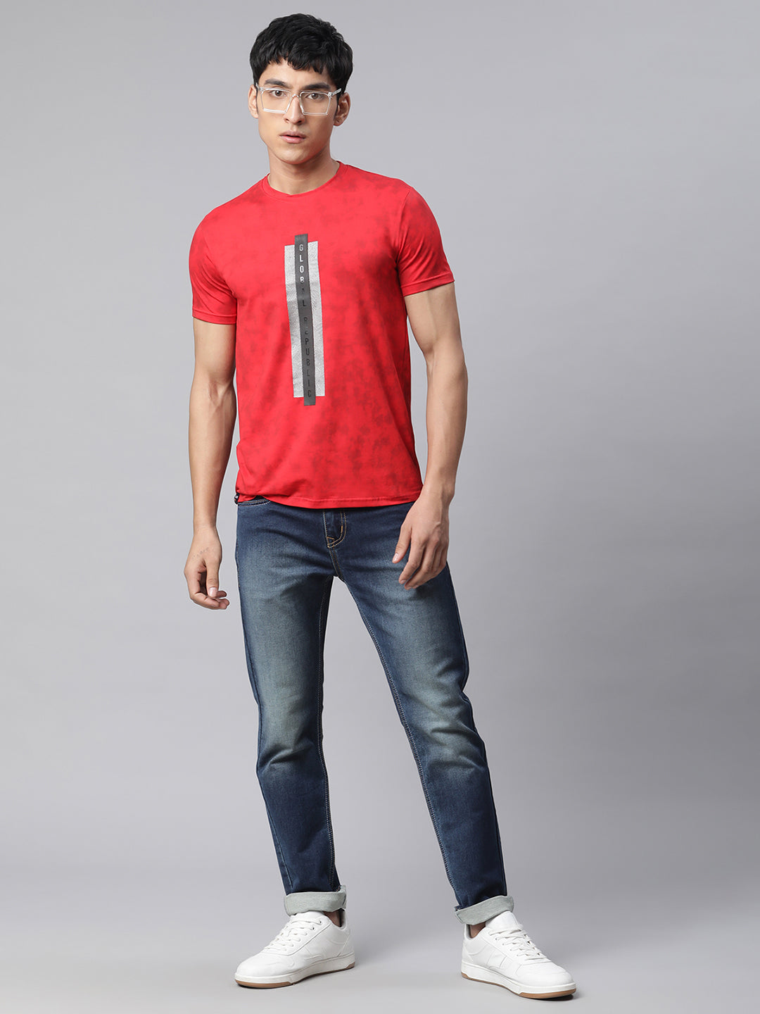 Men Red Alpha Printed Illusion T-Shirt