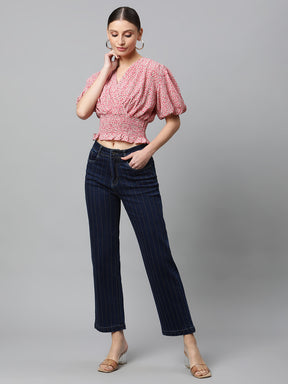 Women Pink Elasticated Hem Floral Print Cropped Top