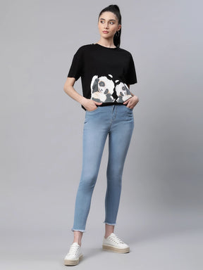 Women  Loose Fit Black Printed Hosiery Casual T-Shirt