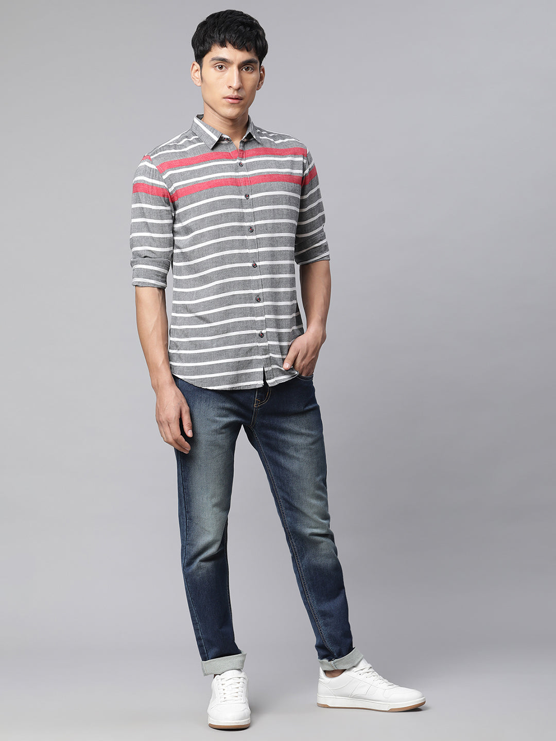 Men Striped printed Grey Horizontal Shirt - Global Republic