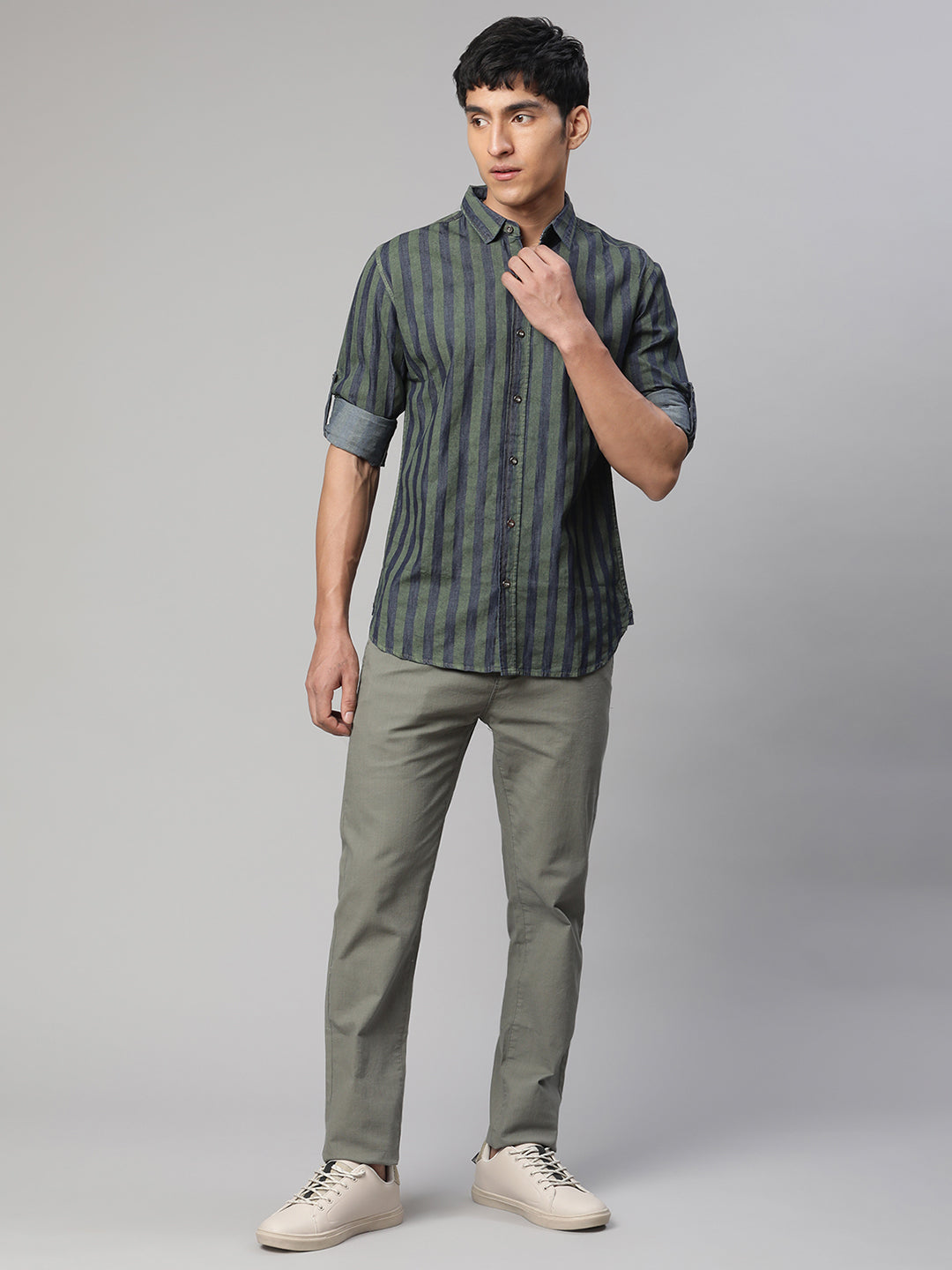 Men Green Greyish Straight Striped Shirt