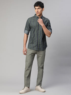 Men Green Greyish Straight Striped Shirt