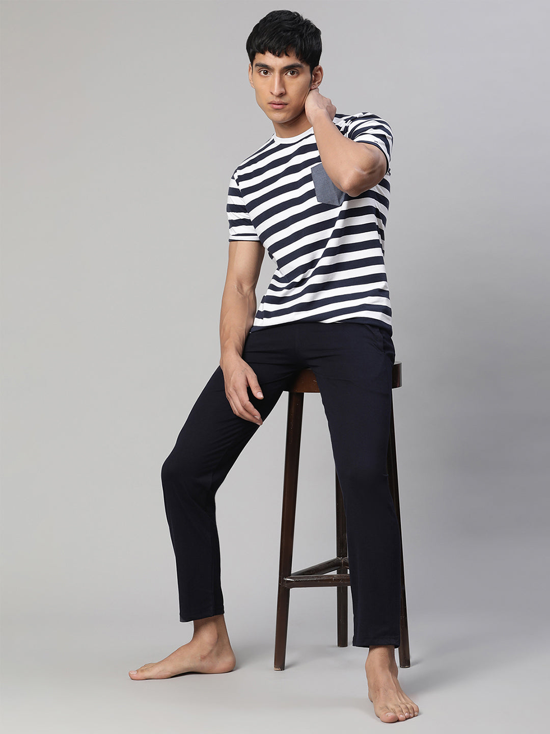 Men Navy Blue Striped Napset - Global Republic