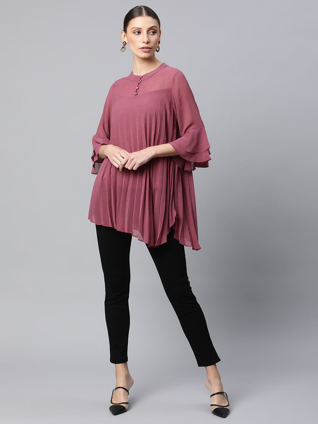 Women Mandarin Collar Flared Fit Asymmetric Hem Top