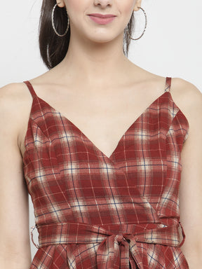 Women Maroon Checked Wrap Dress