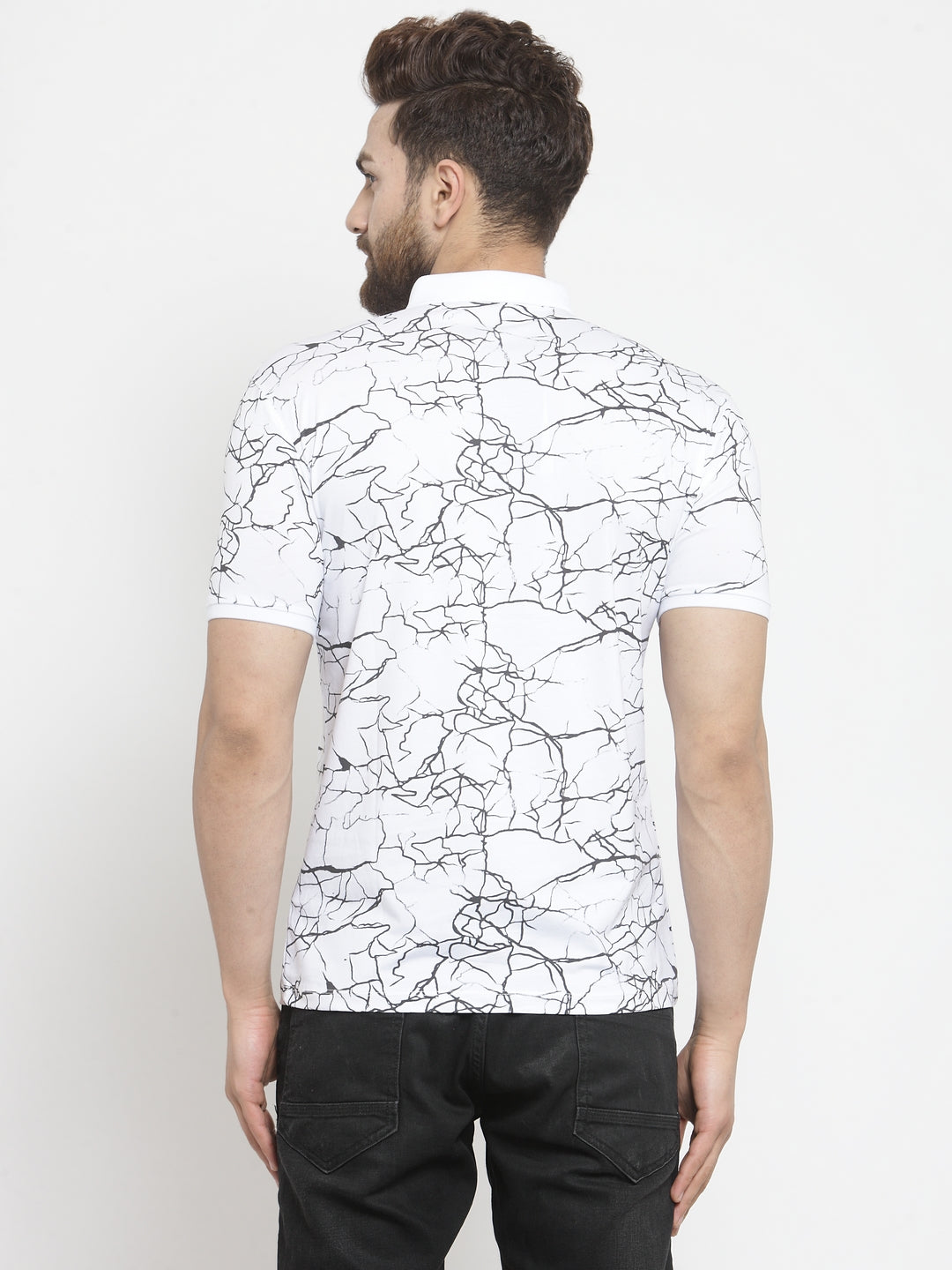 Men White Marble Printed Polo T-Shirt