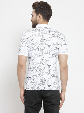 Men White Marble Printed Polo T-Shirt