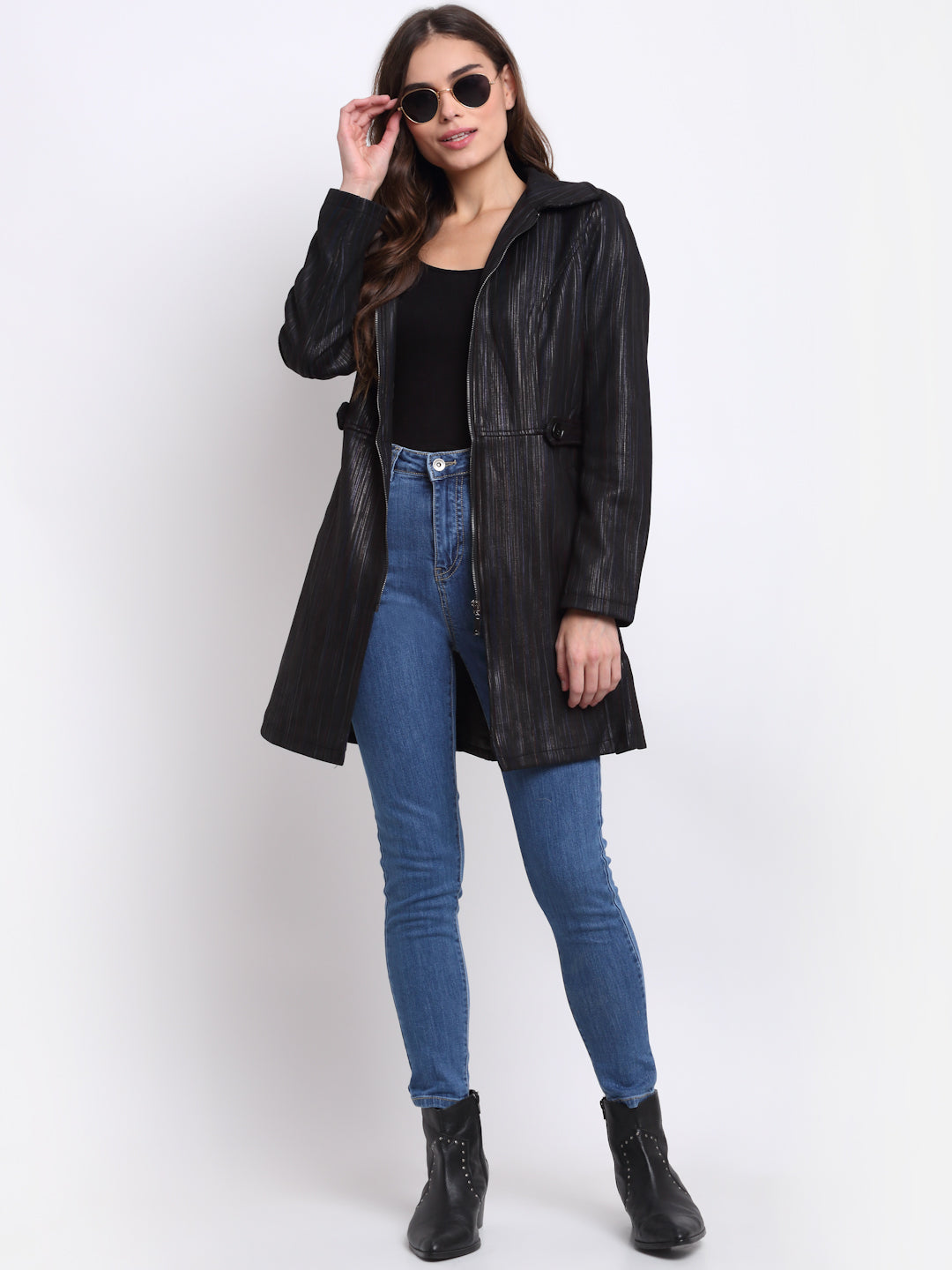 Buy Online Black Solid Polyster Coat