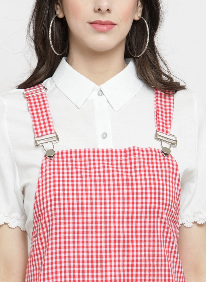 Women Checked Red Dungaree