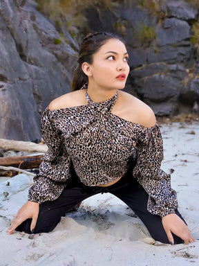 Women Leopard Printed Bishop Sleeves Brown Party Blouse