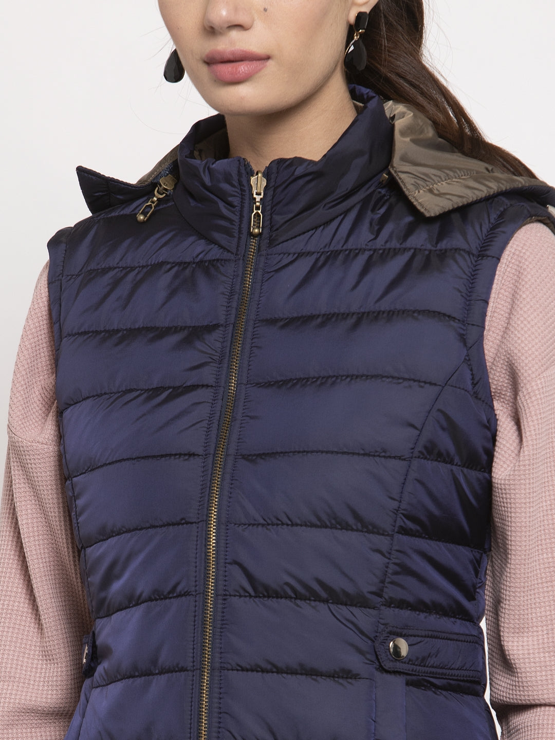 Women Navy Blue Solid Hooded Reversible Jacket