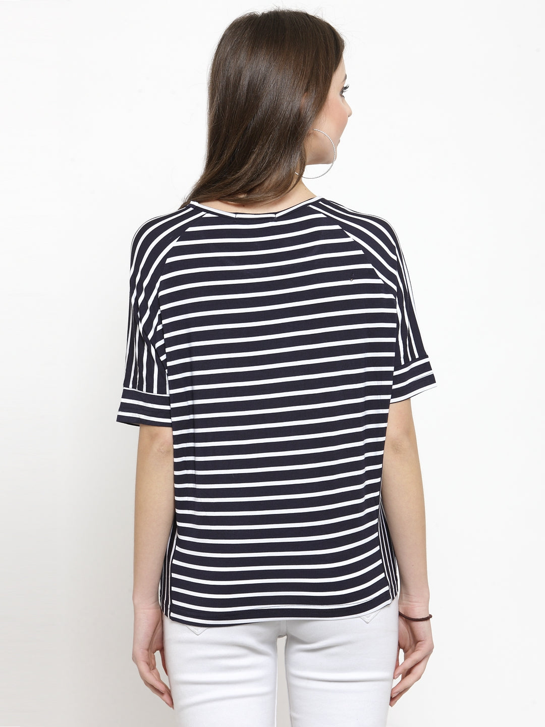Women Navy Blue Striped Round Neck Regular Fit T-Shirts