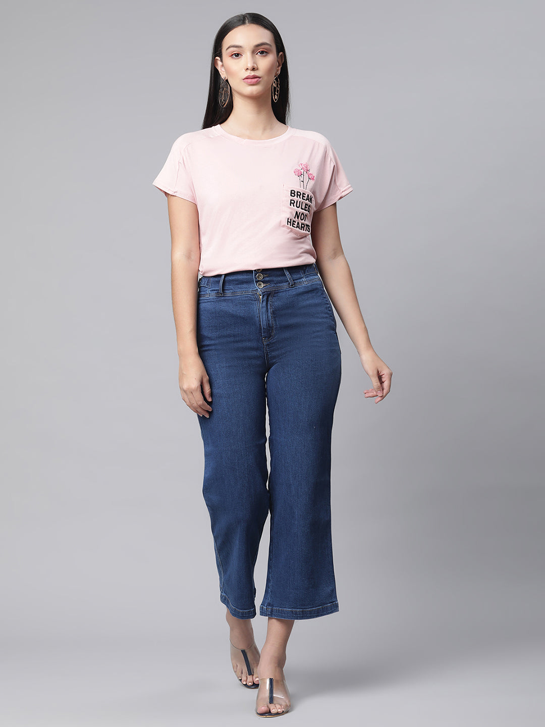 Women Dark Blue Cotton Blend Culottes Jeans - Global Republic