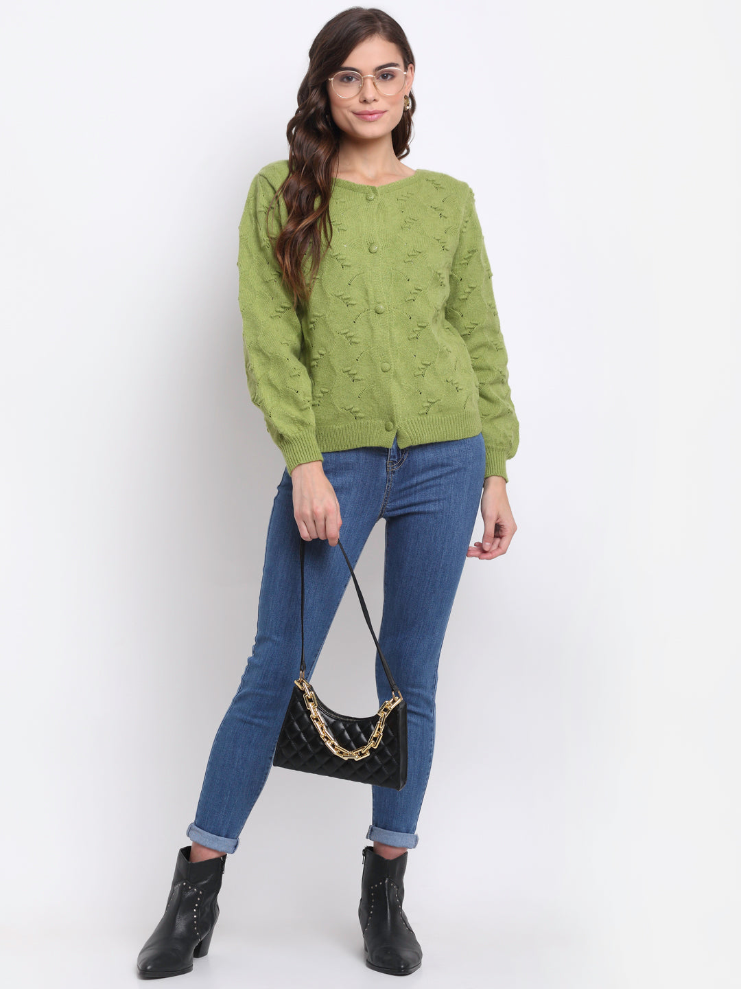 Women Green Round Neck Solid Knitted Regular Fit Cardigan