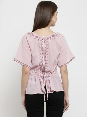 Women Pink Solid Round Embroidered Neck Top