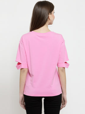 Women Pink Printed Round Neck Regular Fit T-Shirts