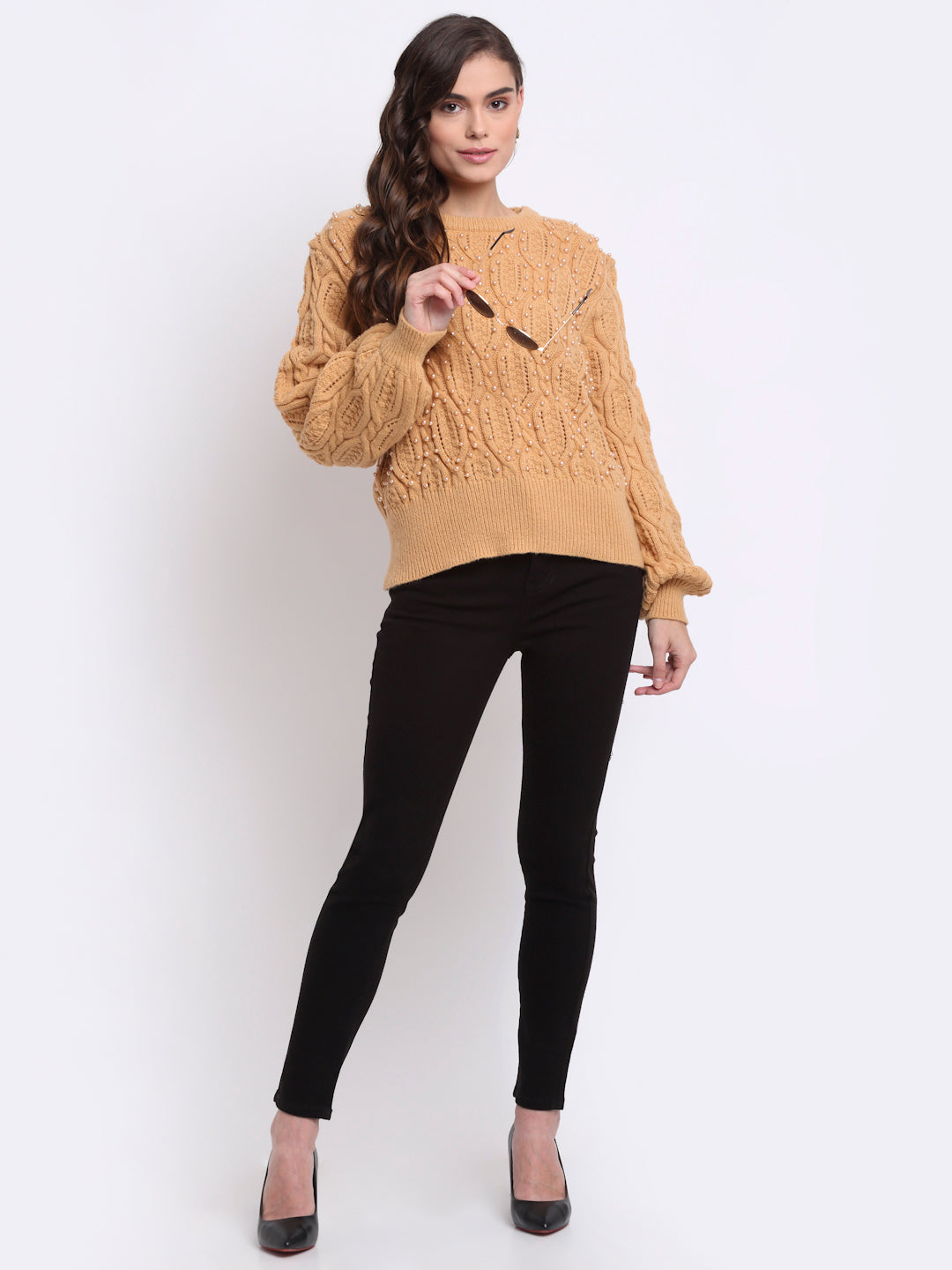 Brown Round Neck Solid KNIT Pullover