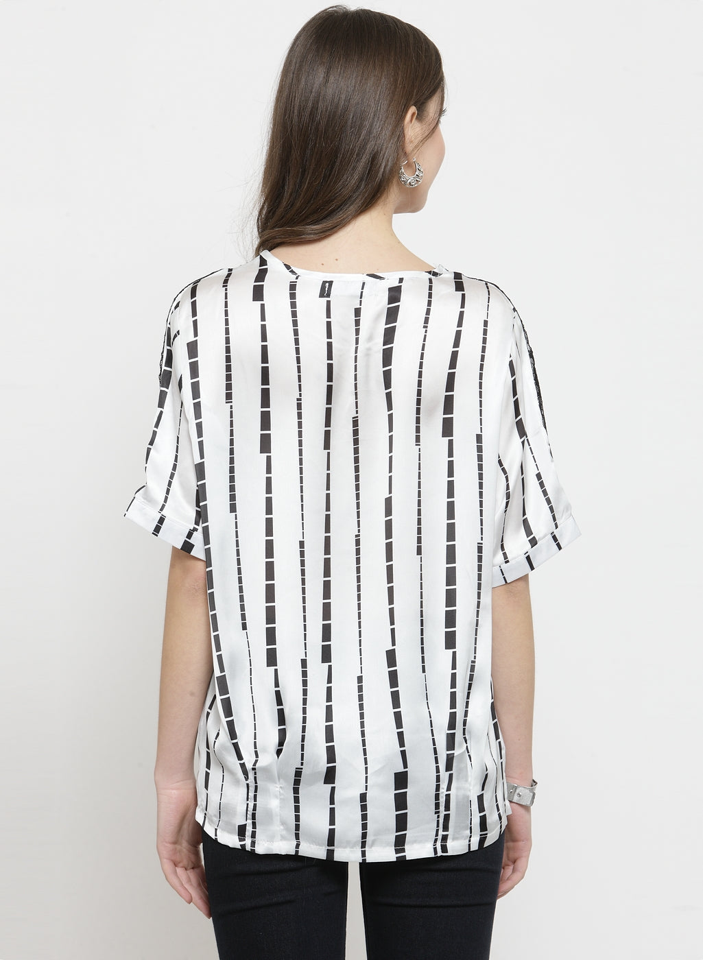 Women White Printed Top With Net Detail