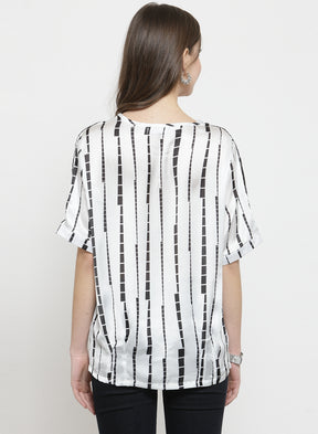 Women White Printed Top With Net Detail