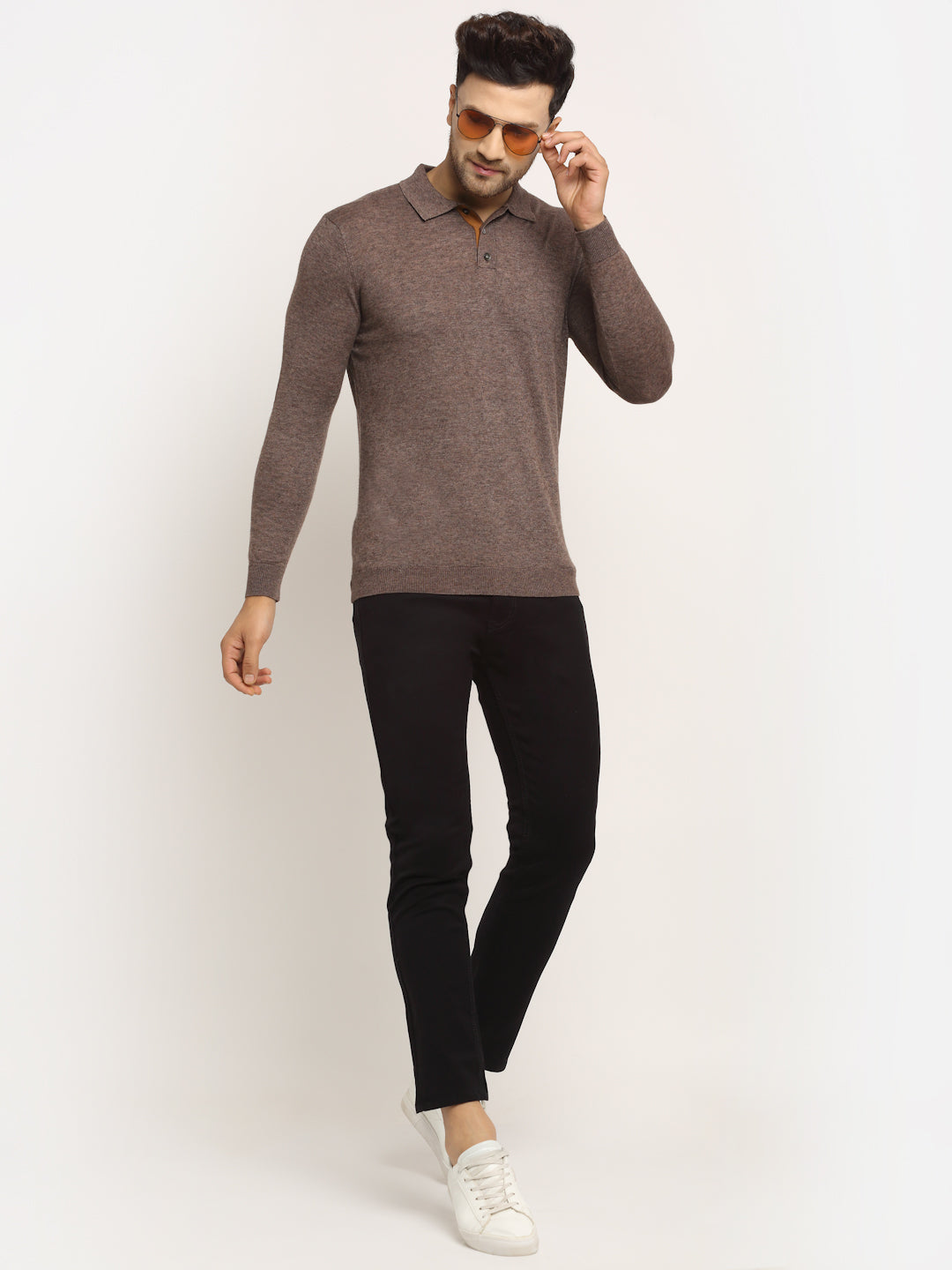 Men Brown Polo Neck Knit Solid Pullover
