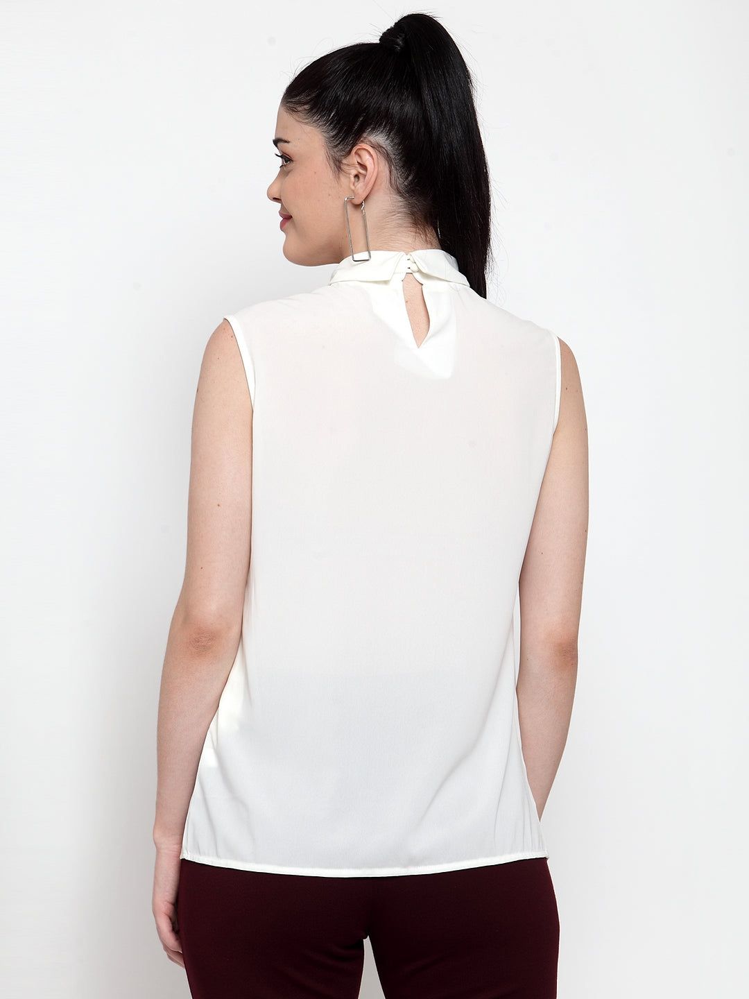 Women White Turtle Neck Asymmetric Hem Top