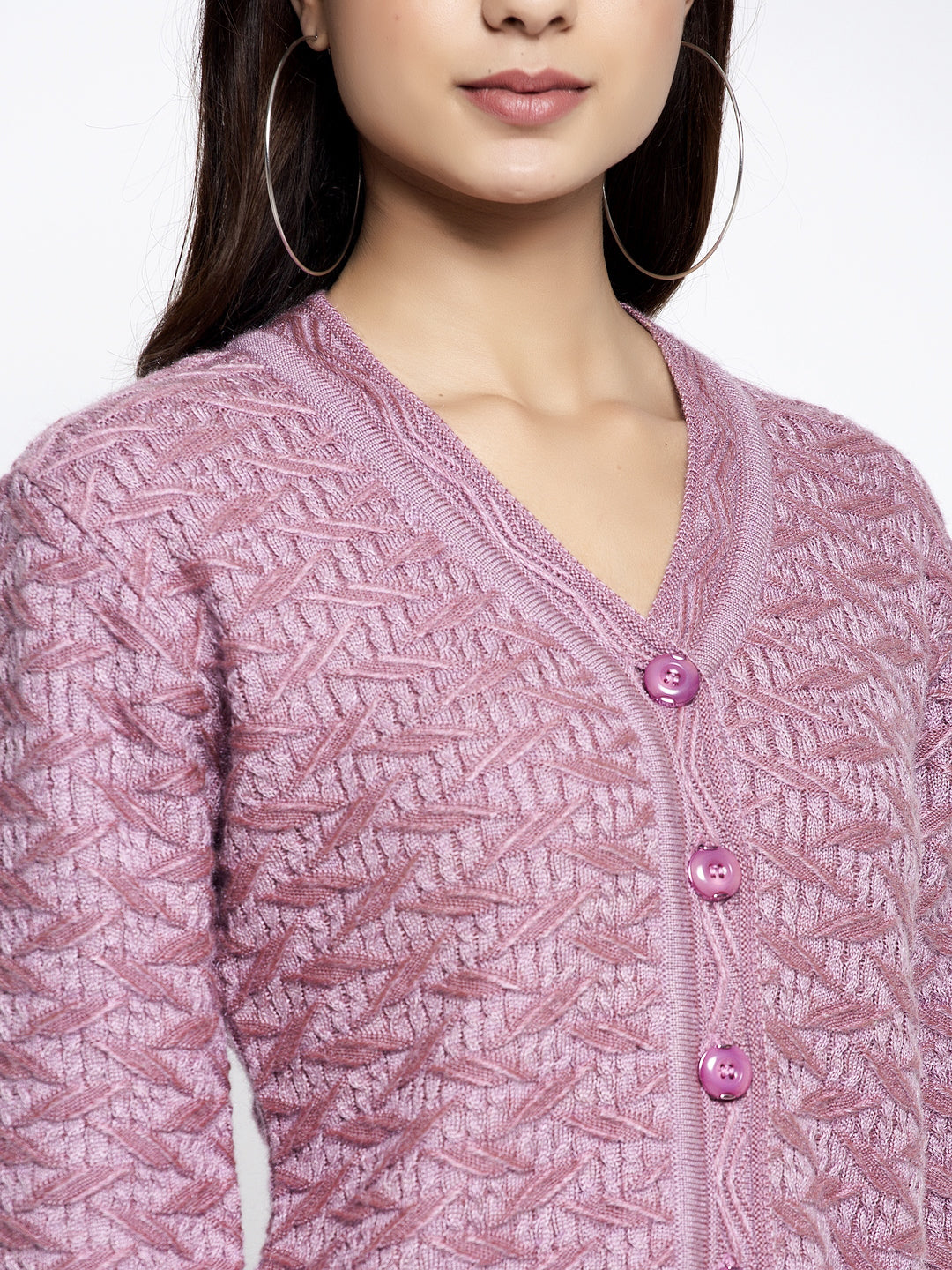 Women Purple V-Neck Embroidered Cardigan