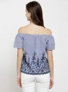 Women Embroidered Navy Blue Off Shoulder Top