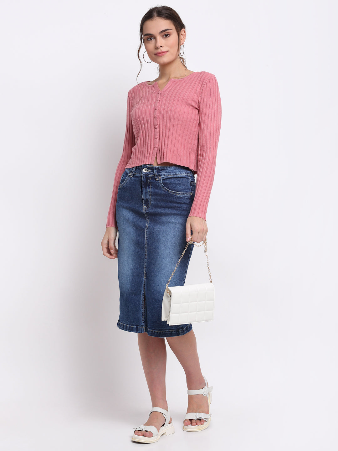Women Blue Cotton Blend Solid knee length Skirt