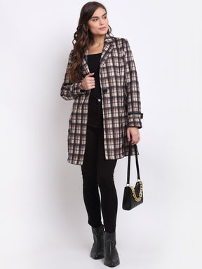 Shop Online Brown Collared Checked Polyester Coat