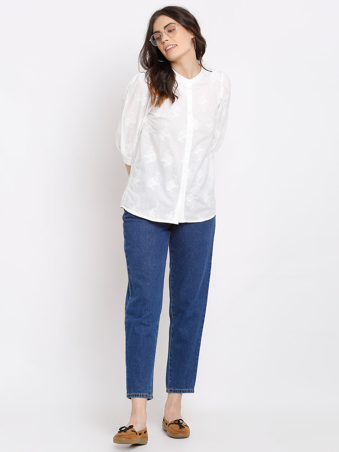 women loose fit ankle length blue jeans