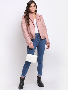 Women Pink Collared Solid Jacket