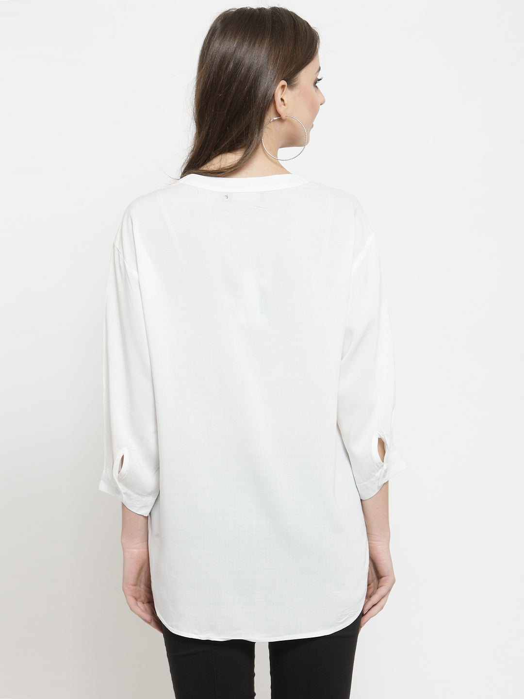 Women Solid Off-White Relaxed Fit Top With Mandarin Collar