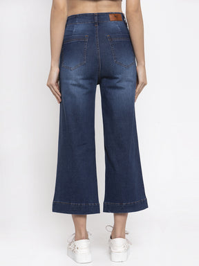 Women Solid Blue Denim Wide Leg Jeans