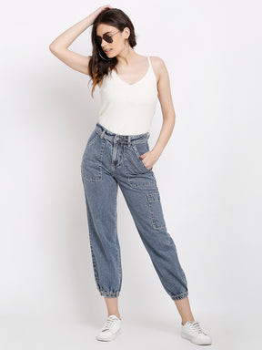 Women Blue Denim Solid Ankle Length Jogger