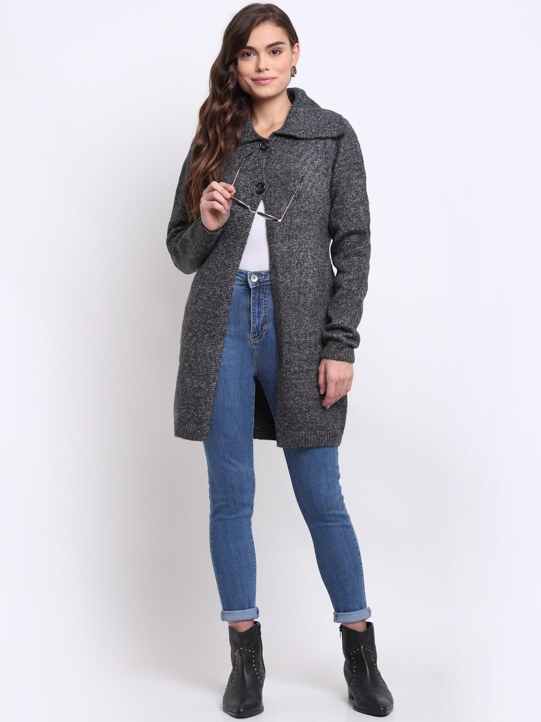  Collared Solid KNIT Coat With Black  Colour