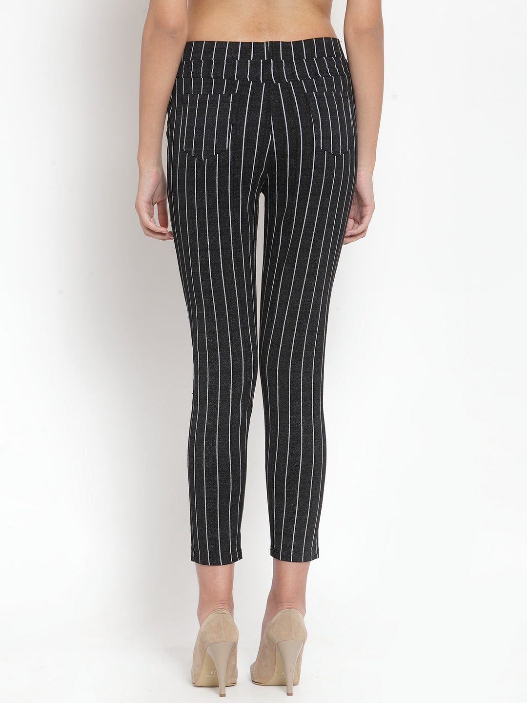 Women Black Striped Mid Rise Stretchable Jegging