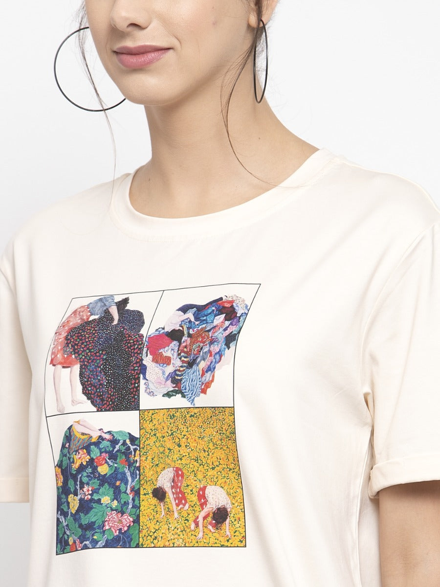 Women Printed Cream Round Neck T-Shirt