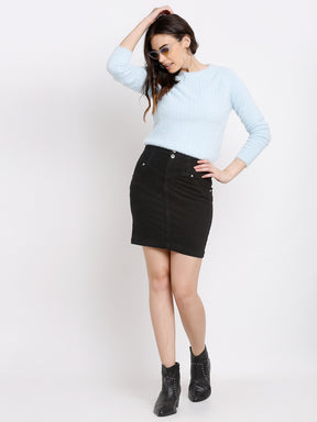 Women Black Cotton Solid Above Knee Skirt