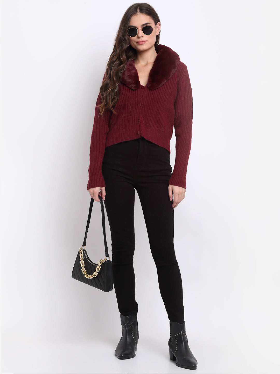 Women  Solid KNIT Cardigan With Maroon Collared