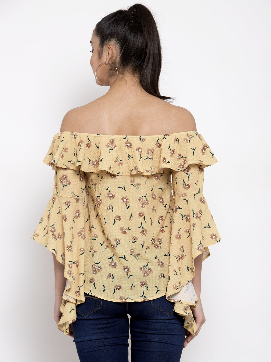 Women Flower Print Mustard Off Shoulder Top