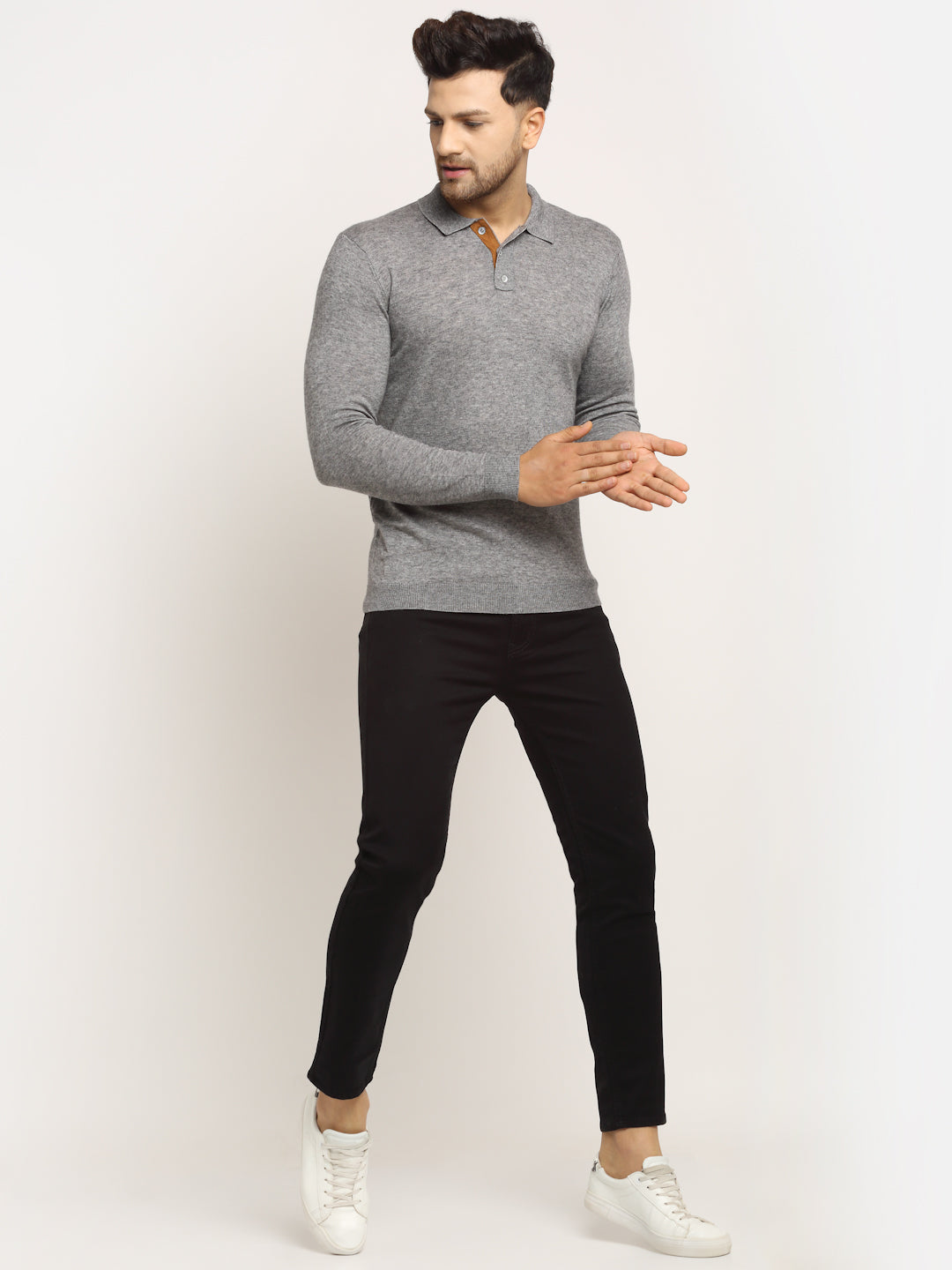 Men Grey Polo Neck Knit Solid Pullover