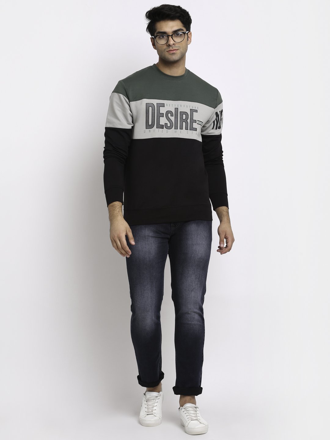 Men Mint Black Round Neck Hosiery Printed Sweatshirt