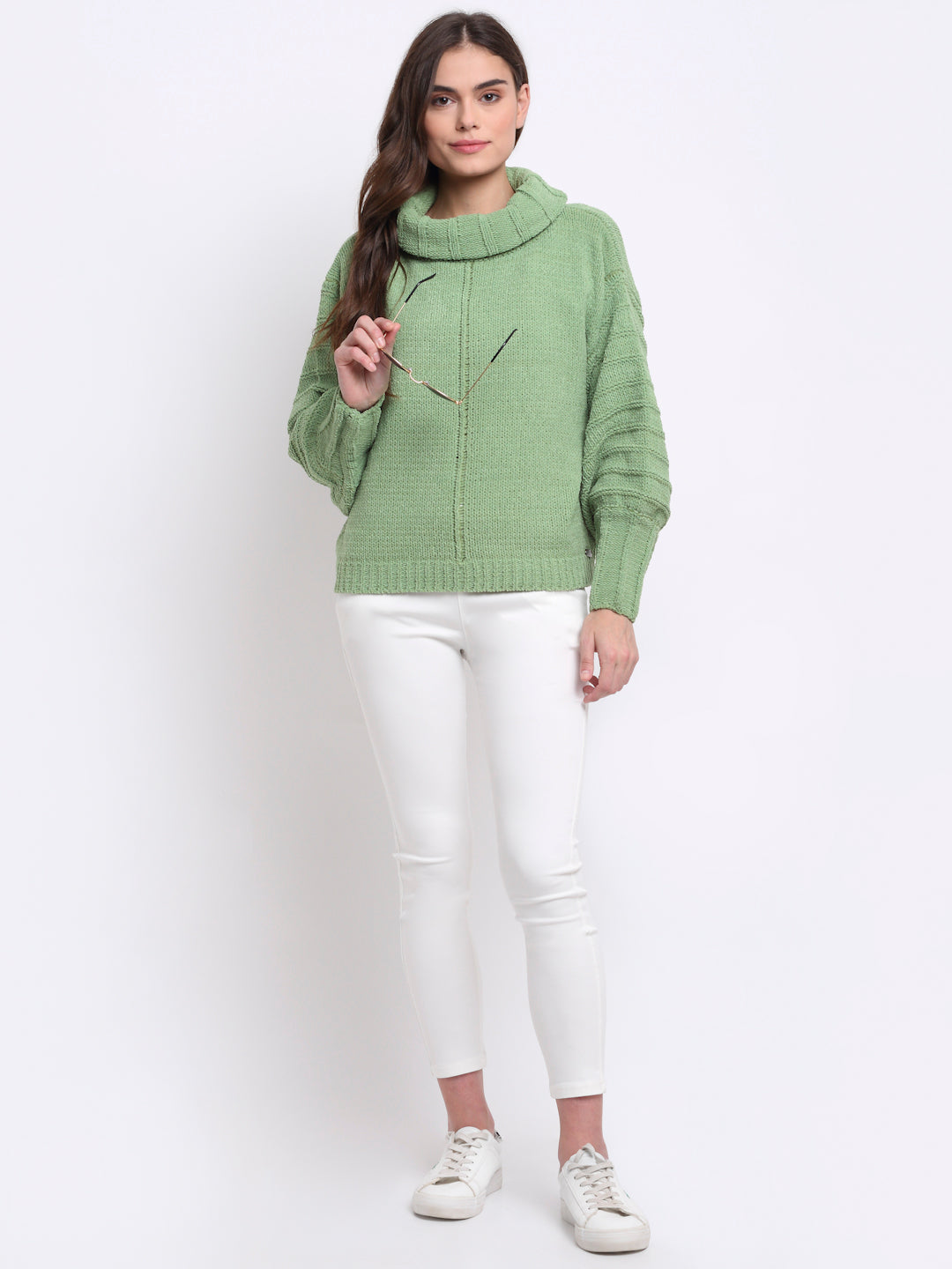 Women Green High Neck Loose Fit Knit Pullover