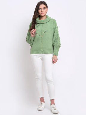 Women Green High Neck Loose Fit Knit Pullover