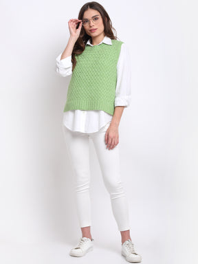 Women Green Round Neck Sleeveless Knit Pullover