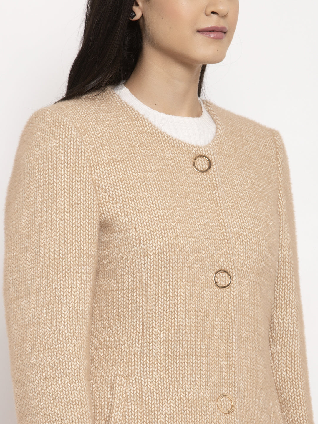 Women Khaki T-Neck Solid Coat