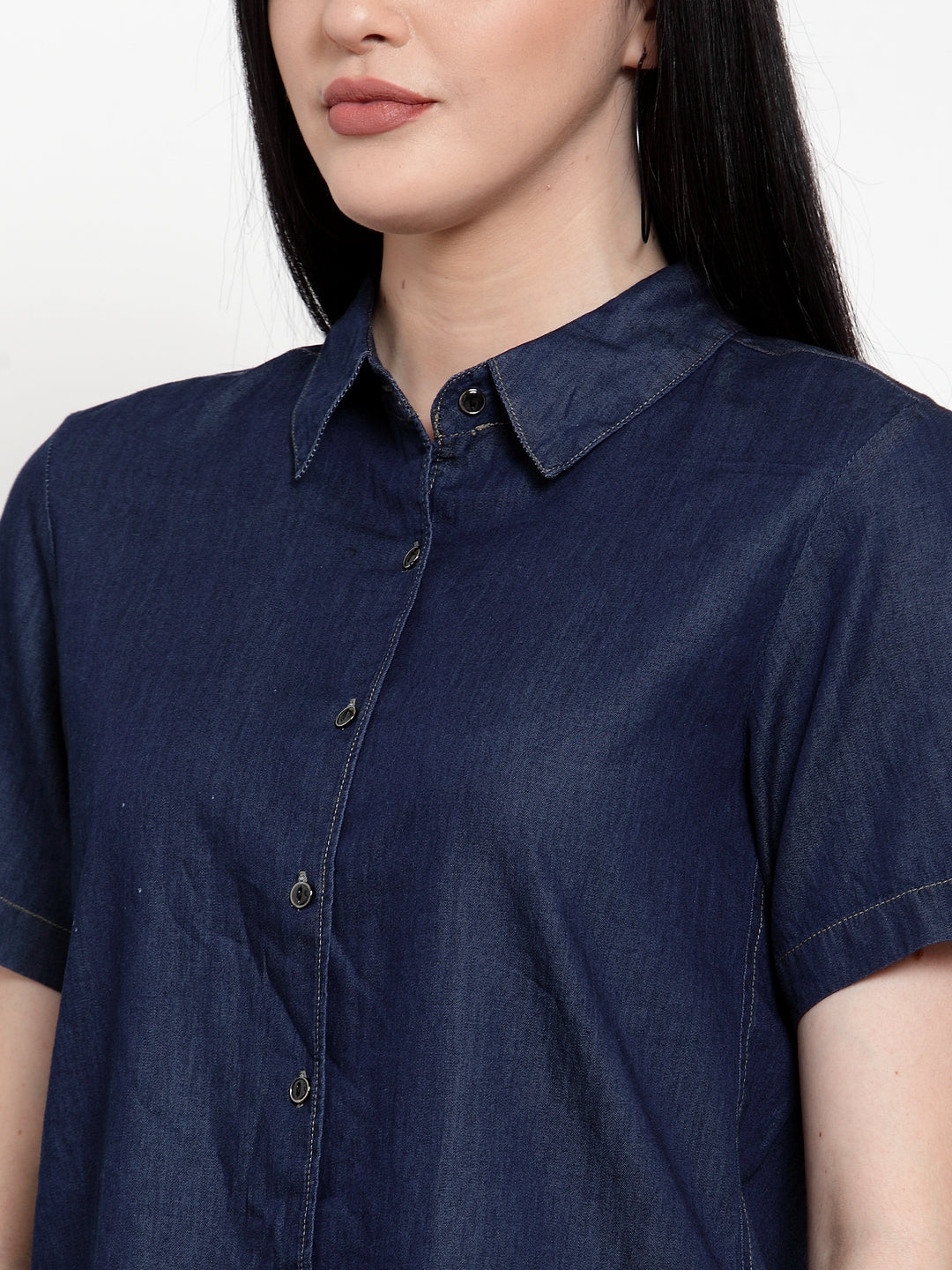 Women Blue Denim Shirt Collar  Shirt