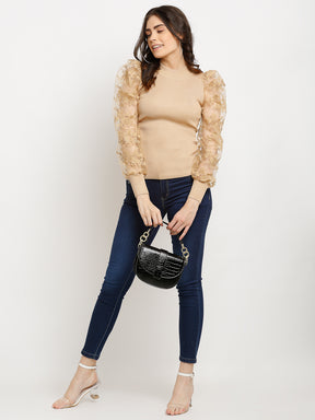  Beige Knitted High Neck Pullover