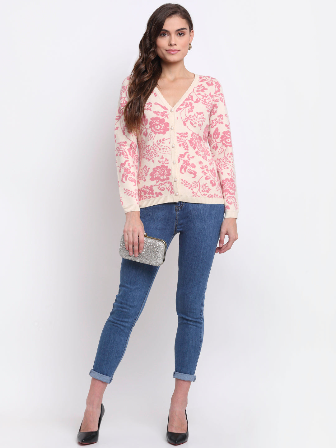 Women V-Neck Printed KNIT Cardigan With Pink   